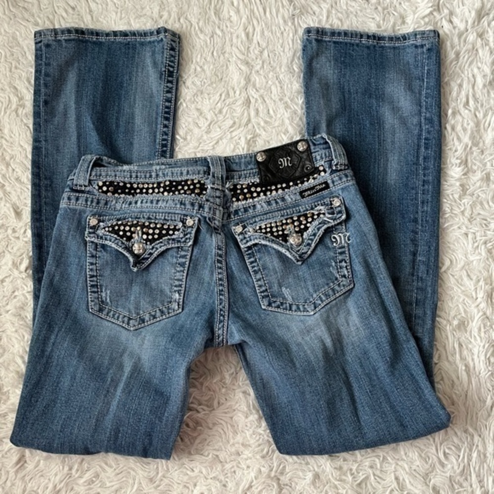 Miss Me Bling Pocket Distressed Bootcut Jeans